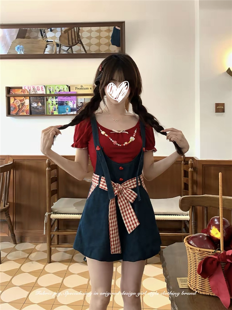 크랜베리 살구 언어 달콤함 소녀 바람 멜빵 짧은 꽃밭 바지 여성 여름 귀여운 연령 감소 티셔츠 투피스 세트
