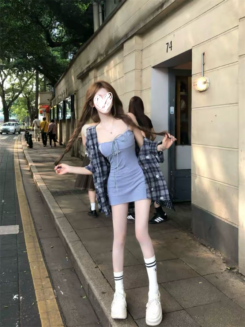 루이 茜 웨이 Sher S 느긋한 휴일 여름 ins 바람 느긋한 슬립 드레스 셔츠 투피스 세트