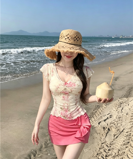 실사 정가 레이스 V넥 날다 소매 꽃무늬 반팔 여름 달콤함 핫걸 순수한 욕망 센스 핑크색 반 스커트 세트