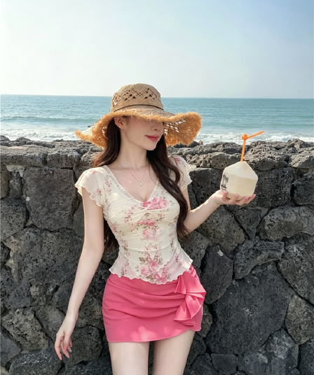 실사 정가 레이스 V넥 날다 소매 꽃무늬 반팔 여름 달콤함 핫걸 순수한 욕망 센스 핑크색 반 스커트 세트