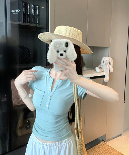 실사 정가 인력 한 조각 단추 헨리 칼라 반팔 티셔츠 여성 여름 한 부서 몸매 가꾸기 슬림해 보이는 캐주얼 맨위