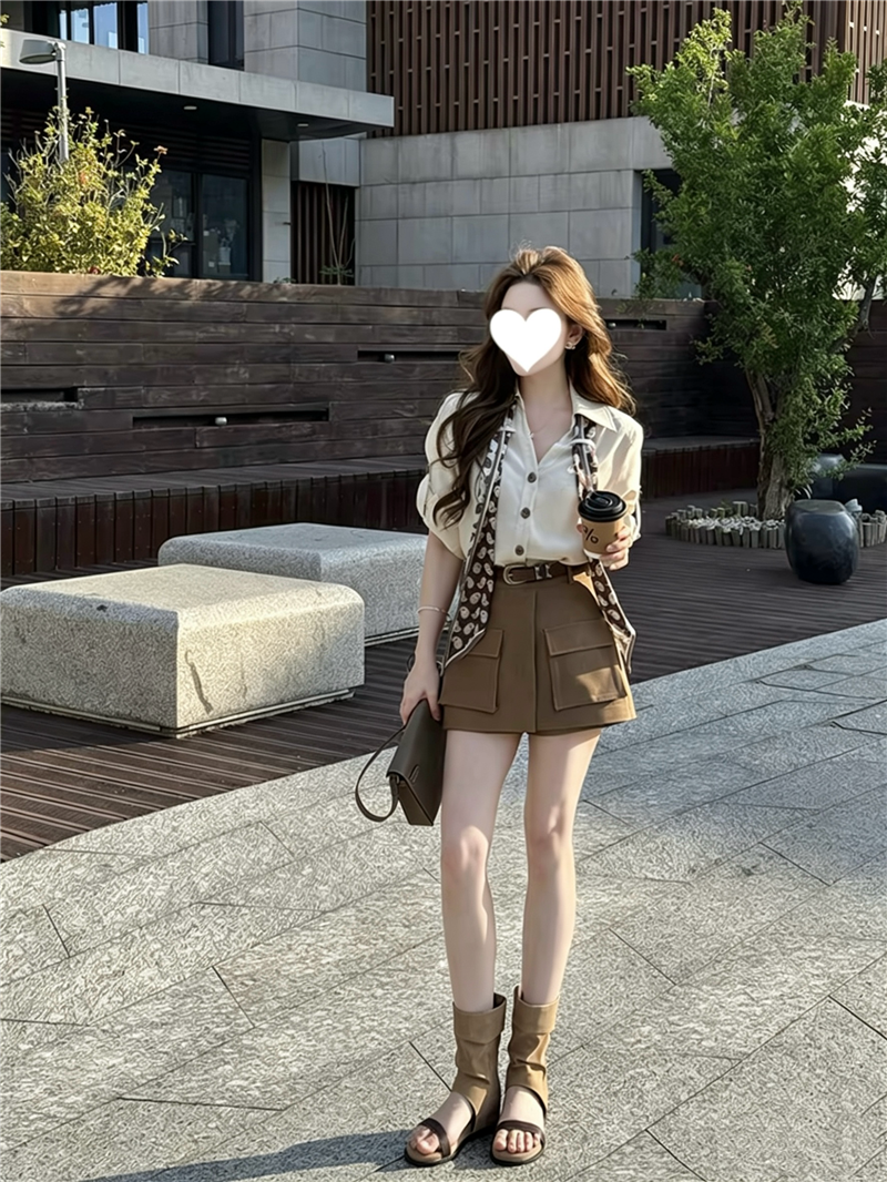 여름 새로운 디자인 센스 폴로 칼라 셔츠 코디 하이웨이스트 워크웨어 반바지 세트 벨트 포함 스카프