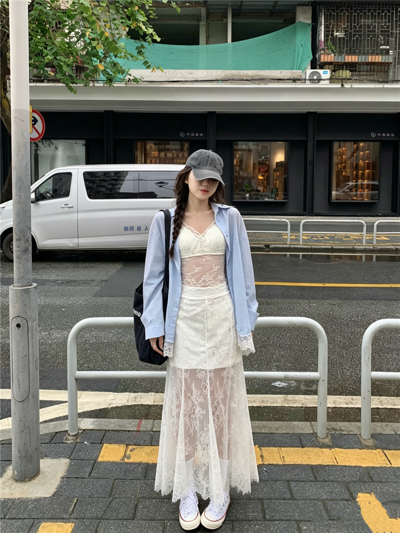 실사 정가 루즈핏 레이스 긴팔 셔츠 슬립 인사이드 가져 가라. 조끼 롱 코트 레이스 반신 스커트 3종 세트