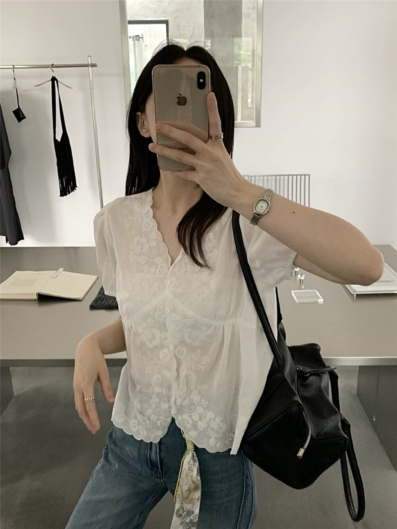 26 년 여름 무거운 작업 자수 쇼트 스타일 라미 라이 경기 서울 절묘한 쌀 패턴 자수 문 襟 물결무늬 측면 전체 작은 셔츠