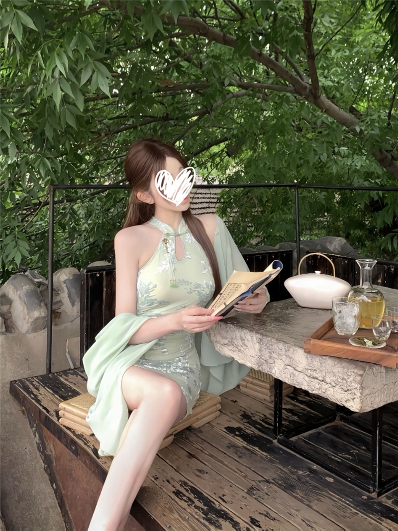 백조 er 얕은 대나무 연기 품격 여름 몸매 가꾸기 레트로 드레스 숄 재킷 투피스 세트