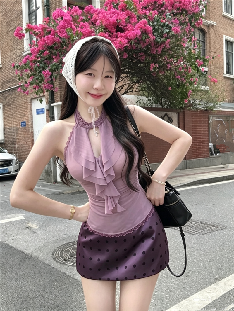 실사 정가 조용한 라임 연기 봄 행침 목 순수한 욕망 쉬폰 보라색 도트 무늬 섹시함 여름 타이트 스커트 세트 투피스 세트