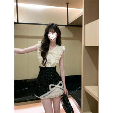 批发越韩小鱼Musefish 黑白恋曲 气质千金风收腰上衣波点<b class='q'>高腰</b>半<b class='q'>裙</b>套装
