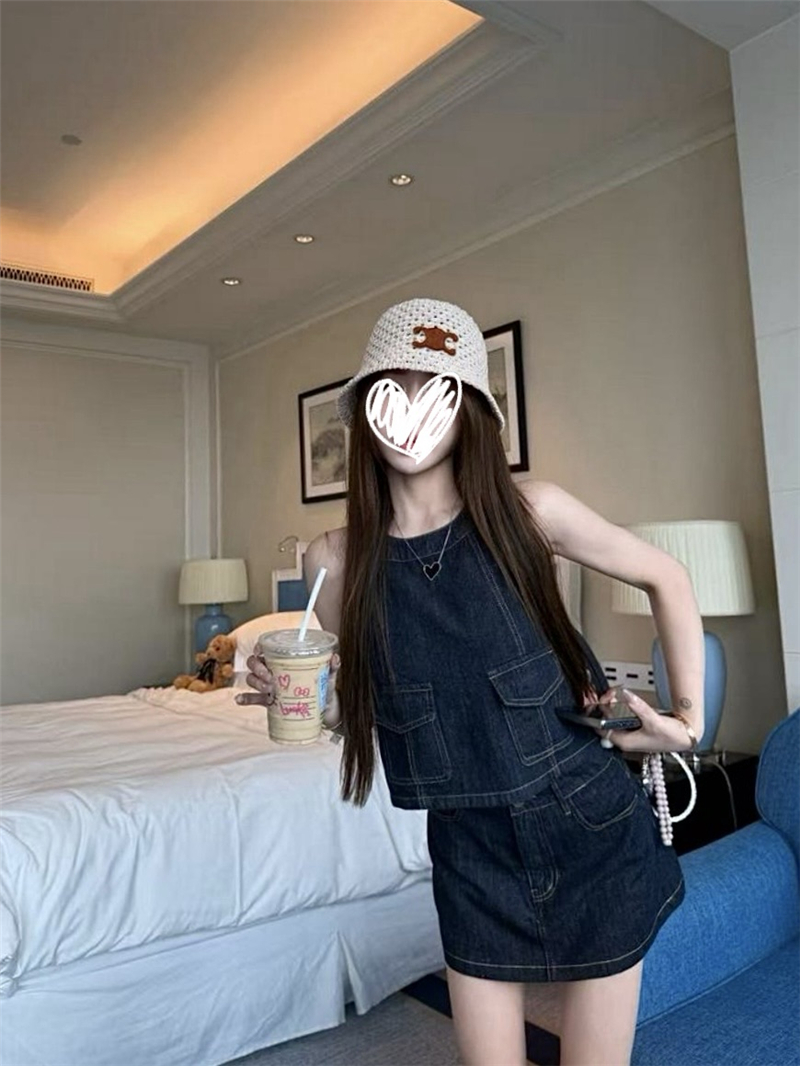 마드리드 여름 파란색 부드러운 데님 조끼 반신 미니 스커트 레트로 품격 달콤한 차가운 소녀 캐주얼 투피스 세트
