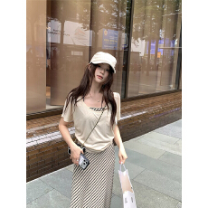 批发显瘦<b class='q'>条纹</b>连衣裙+休闲气质短袖T恤两件套套装