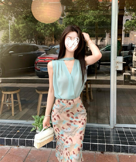 임신 한 비 연애 편지 박하 행침 목 민소매 맨위 헤일로 염색 반신 스커트 부드러운 품격 세트 투피스 세트