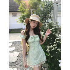 批发夏季甜美薄荷绿小飞袖收腰蓬蓬吊带<b class='q'>碎花</b>一字肩连衣裙女