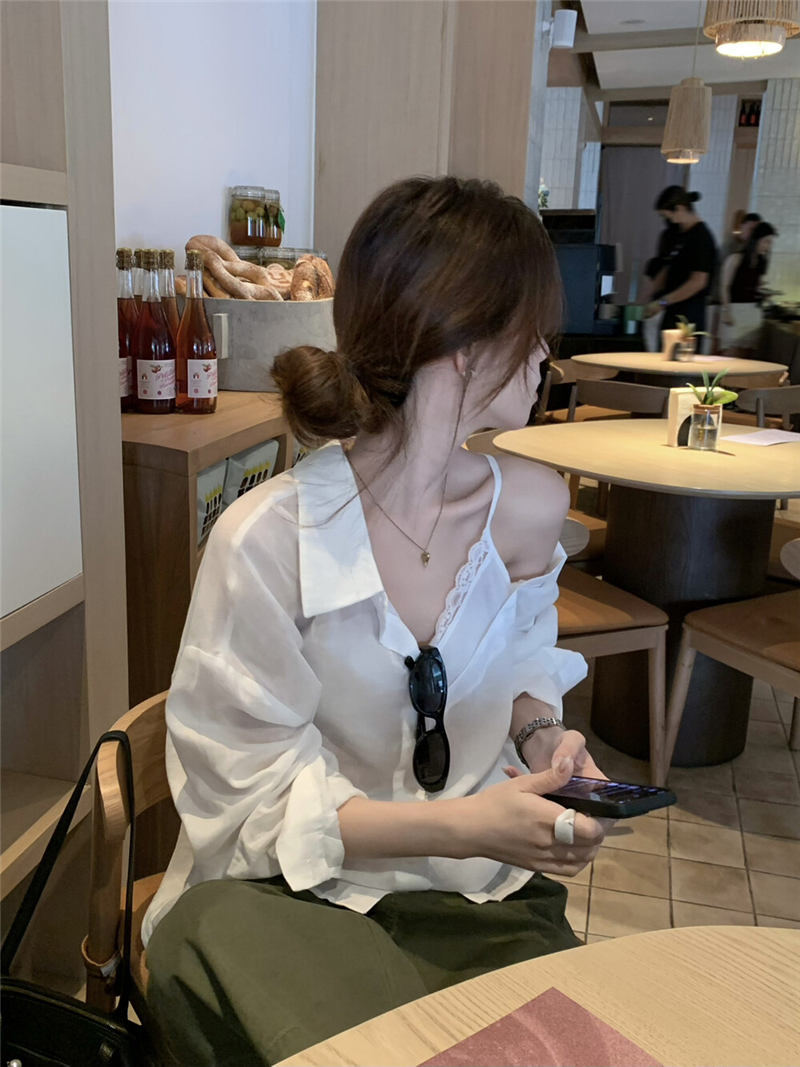 노란 피부 주간 접시 있으라. 묻기 폭발 ~ 중 여름 셔츠 한 부서 페이크 레이어드 품격 부드러운 빛 산소 센스 자외선 차단 작은 셔츠