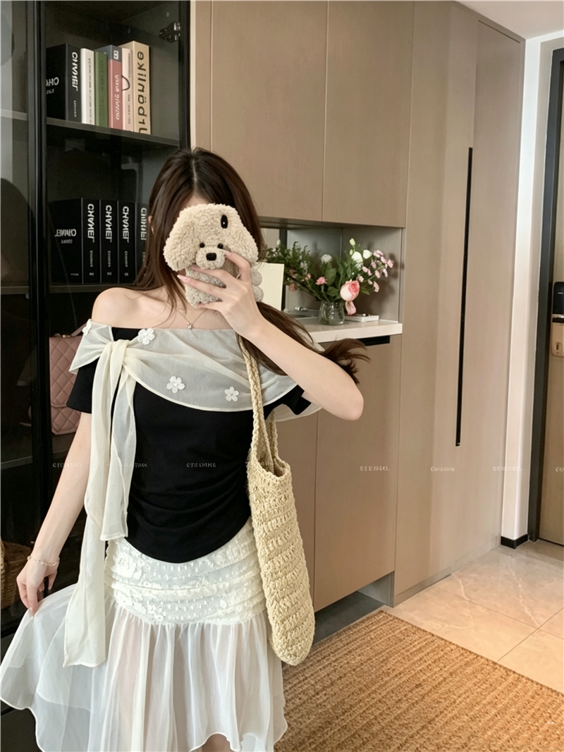 실사 정가 부드러운 너바나 프랑스식 낭만주의 꽃 비즈 박기 오프숄더 프릴 칼라 디자인 센스 작은 셔츠