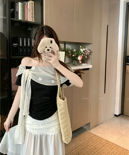 실사 정가 부드러운 너바나 프랑스식 낭만주의 꽃 비즈 박기 오프숄더 프릴 칼라 디자인 센스 작은 셔츠