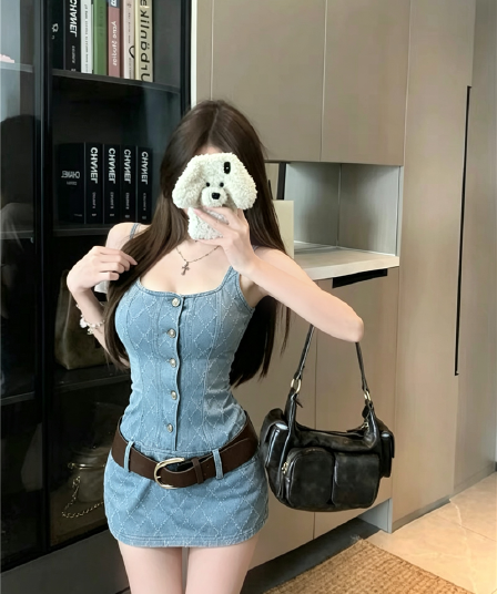 실사 정가 작은 샤넬 스타일 다이아몬드 모양 체크무늬 데님 드레스 디자인 센스 핫걸 타이트 스커트 조끼 스커트 벨트 포함