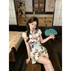 批发实拍实价！洛神赋黑色丝绒烧花修身短旗袍夏改良新中式国风连衣裙