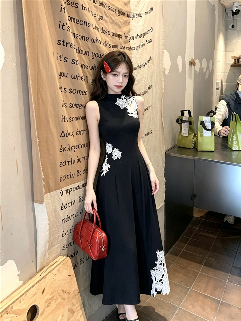 墨上霜花法式气质显瘦氛围感镂空花朵拼接新中式连衣裙   服裝批發女裝批發服飾貨源