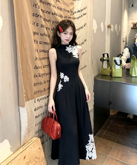 실사 정가 잉크 켜기 서리 꽃 프랑스식 품격 슬림해 보이는 분위기 센스 홀로우 아웃 꽃 패치워크 새로운 중식 드레스