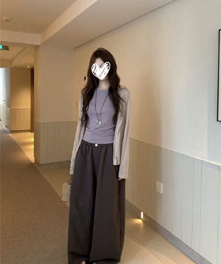 가벼움 V넥 캐주얼 오픈 가디건 기초 캐주얼 편안함 몸매 가꾸기 조끼 품격 캐주얼 와이드 레그 팬츠 3종 세트