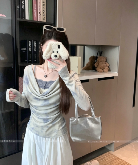 실사 정가 가을의 날 팔레트 홀치기 염색 색상 프랑스식 품격 느긋한 바람 흔들다 칼라 페이크 레이어드 긴팔 작은 셔츠