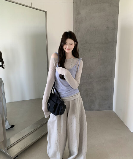 가을 켜기 새로운 한 부서 배색 레이스업 캐미솔 긴팔 부드러운 슬림해 보이는 표지 고기 단추 기본 셔츠 투피스 세트