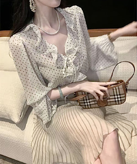 낭만주의 3 차원 프릴 레트로 도트 무늬 긴팔 셔츠 원더풀 스탠딩 자세 실광택 플리츠 반신 스커트 투피스 세트