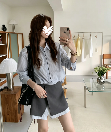 스트라이프 셔츠 폴로 칼라 출퇴근 기초 맨위 페이크 레이어드 반 스커트 배색 스트라이프 패치워크 미니 스커트 투피스 세트