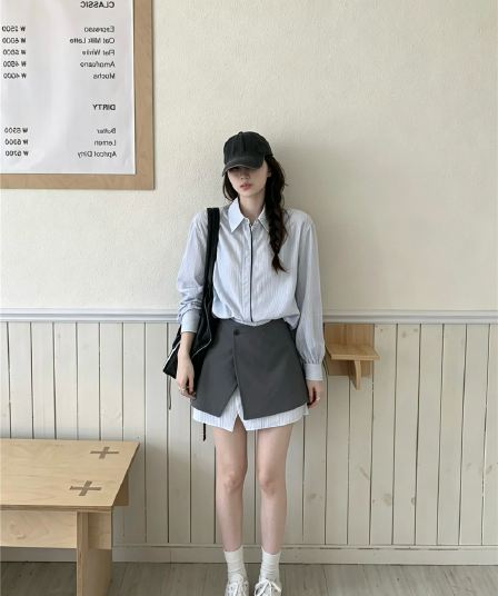 실사 정가 스트라이프 셔츠 폴로 칼라 기초 맨위 페이크 레이어드 반 스커트 배색 스트라이프 미니 스커트 투피스 세트