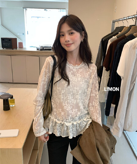 가을 켜기 새로운 비공개 낭만주의 무거운 작업 레이스 망사 프릴 절묘한 작은 셔츠