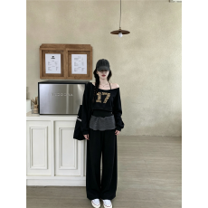 批发豹纹吊带斜肩卫衣美式撞色短款上衣宽松卫<b class='q'>裤</b>套<b class='q'>装</b>三件套