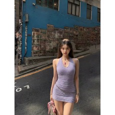 批发紫色<b class='q'>连衣裙</b>女富家千金小香风修身包臀无袖背心长裙子海岛绝美穿搭