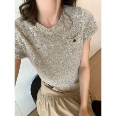 批发韩国小众高级杂色花纱短袖针织毛女早<b class='q'>秋</b>季外叠穿纽扣口袋文艺上衣