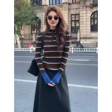 批发日韩系软糯半高领条纹修身针织衫女秋冬复古内外<b class='q'>百搭</b>叠穿打底上衣