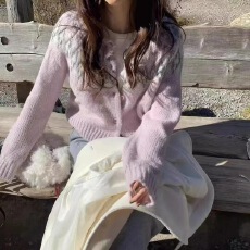 批发韩国东大门北欧雪花复古波普花纹圆领系扣针织<b class='q'>开衫</b>韩系甜美毛衣女