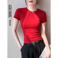 批发红色圆领T恤女2025夏季修身显瘦吸汗透气正肩衬衫内搭短袖打底衫