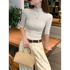 批发五分<b class='q'>袖</b>打底衫女2025新款春秋黑色半高领针织短<b class='q'>袖</b>毛衣内搭气质<b class='q'>上衣</b>