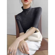 批发高级感灰色修身显瘦五分<b class='q'>袖</b>针织衫女装秋季气质半高领内搭打底<b class='q'>上衣</b>