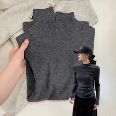 批发软糯深灰色半高领叠穿打底衫女秋冬高级感小立领内搭毛衣针织上衣