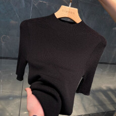 批发秋季羊毛半高领黑色<b class='q'>中袖</b>打底衫女五分袖薄款毛衣<b class='q'>中袖</b>软糯内搭<b class='q'>上衣</b>