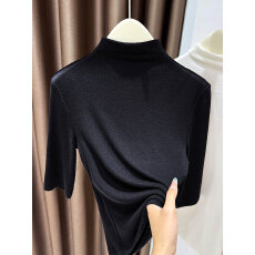 批发高级感黑色韩系打底衫女秋冬小衫莱赛尔天丝中袖T恤新款高领上衣