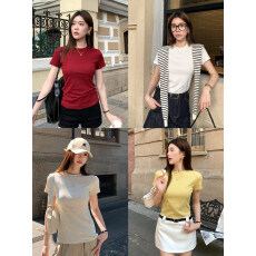 批发短袖t恤女夏2026年新款白色体恤百搭修身半袖棉圆领黑色正肩上衣