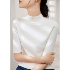 批发极简风白色半高领<b class='q'>中袖</b>针织衫女春季新款绵羊毛修身显瘦T恤衫上衣