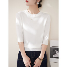 批发法式圆领白色<b class='q'>中袖</b>针织衫女2026春夏季气质百搭内搭修身打底衫上衣