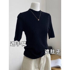 批发大码半高领<b class='q'>中袖</b>针织打底衫女春秋胖mm显瘦气质五分袖上衣半袖体恤