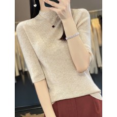 批发无缝精纺~修身短袖羊毛衫立领紧身弹力t恤女春夏季针织打底衫<b class='q'>毛衣</b>