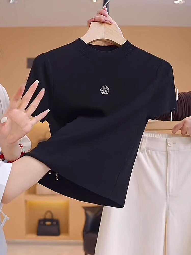 동백 나무 반팔 티셔츠 여성 작은 샤넬 스타일 2026 여름 새로운 세련된 품격 다용도 몸매 가꾸기 슬림해 보이는 맨위 트렌디