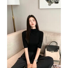 批发白色半高领正肩T恤女装夏季五分<b class='q'>袖</b>修身内搭打底衫紧身显身材<b class='q'>上衣</b>