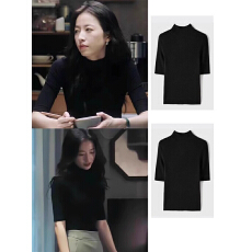批发高级感气质黑色半高领打底衫正肩短袖女初秋修身显瘦中袖内搭上衣
