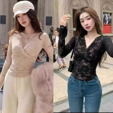 批发纯欲风提花蕾丝打底衫女秋季v领交叉设计轻奢高级感内搭修身上衣