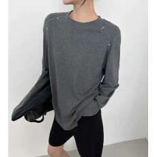 批发2025秋新款宽松慵懒风明线刺绣打底衫女简约休闲百搭圆领长袖<b class='q'>T</b><b class='q'>恤</b>